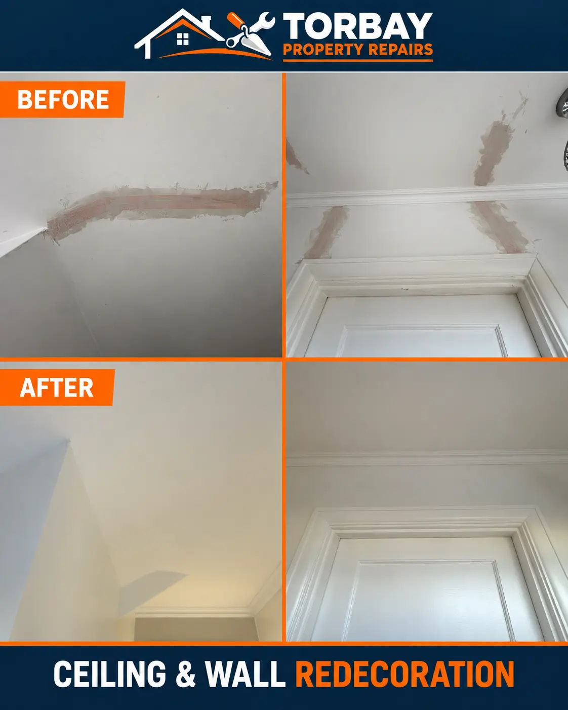 Ceiling and above-door plaster preparation before painting, with the finished surfaces below.