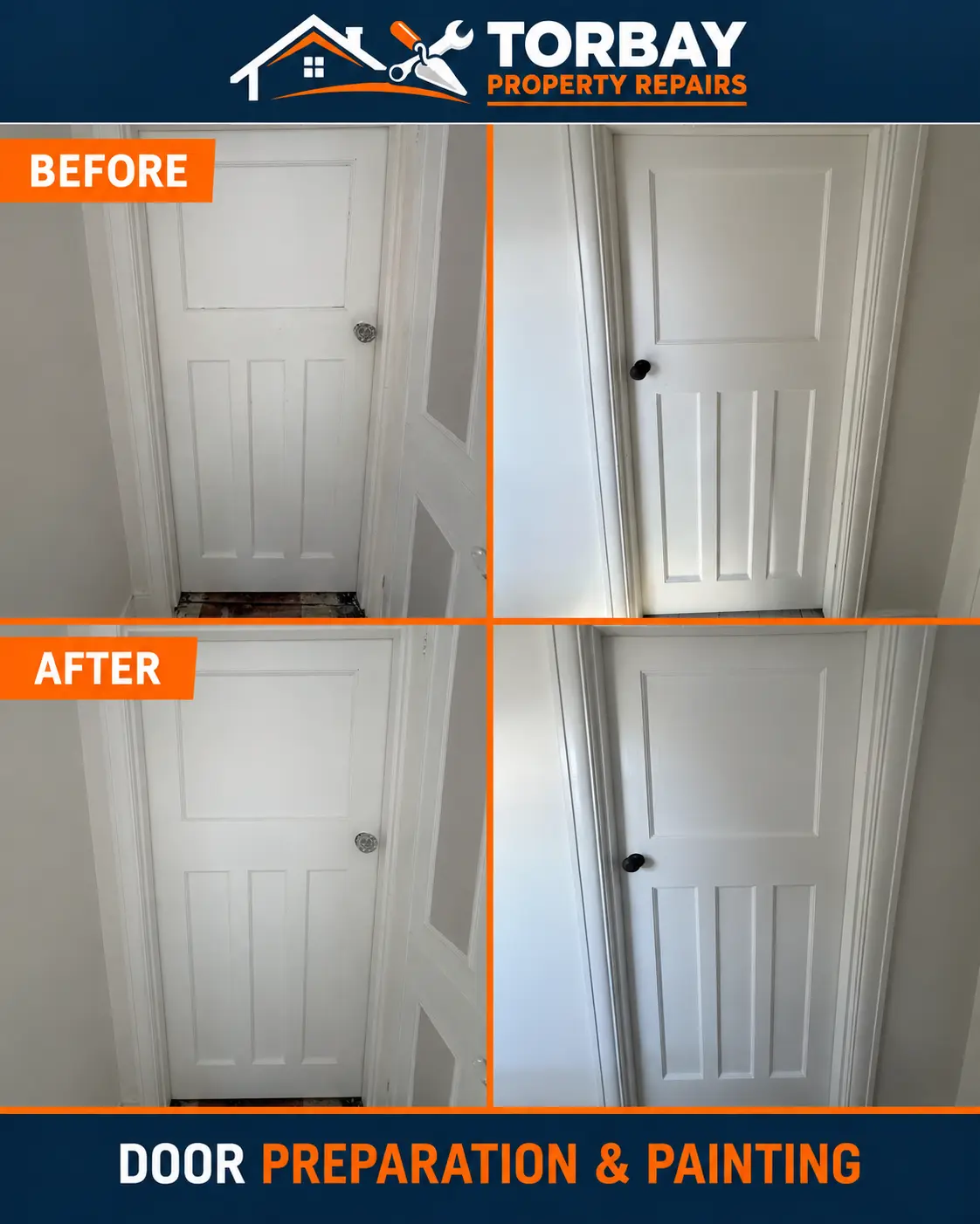 Two internal doors before preparation and after painting, shown in matched pairs.