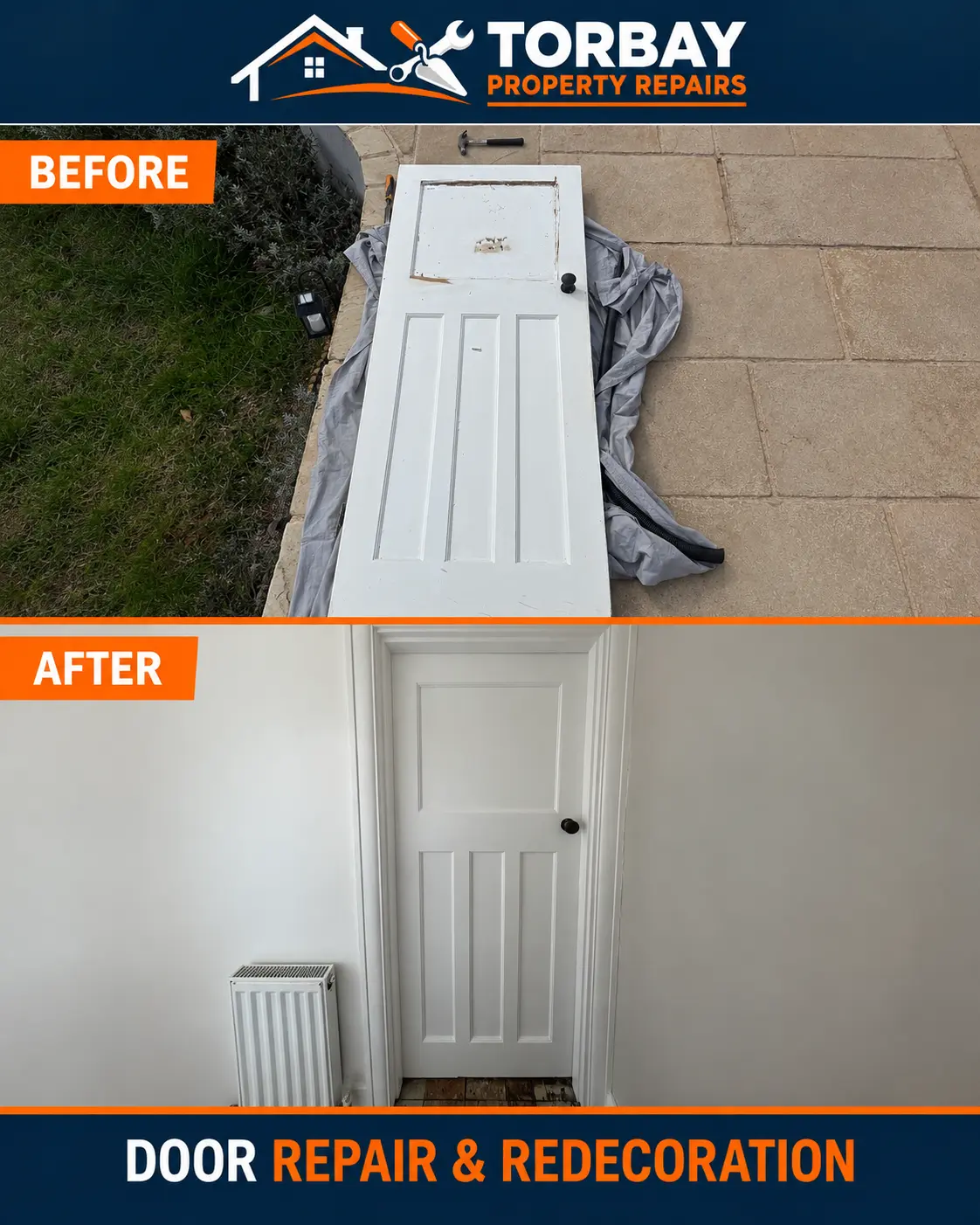 Panelled door before repair on a dust sheet and after repair and repainting, fitted beside the radiator.