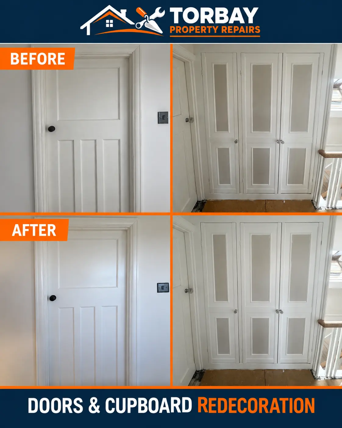 Internal door and built-in cupboard doors before and after redecoration.