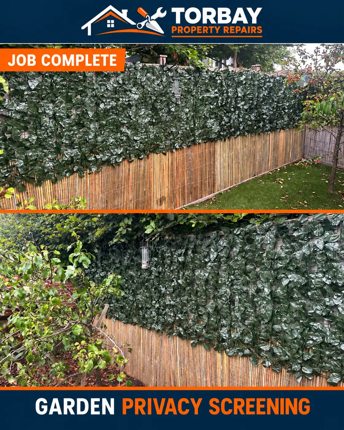 Two completed views of garden privacy screening, with artificial ivy above natural screening along the garden boundary.