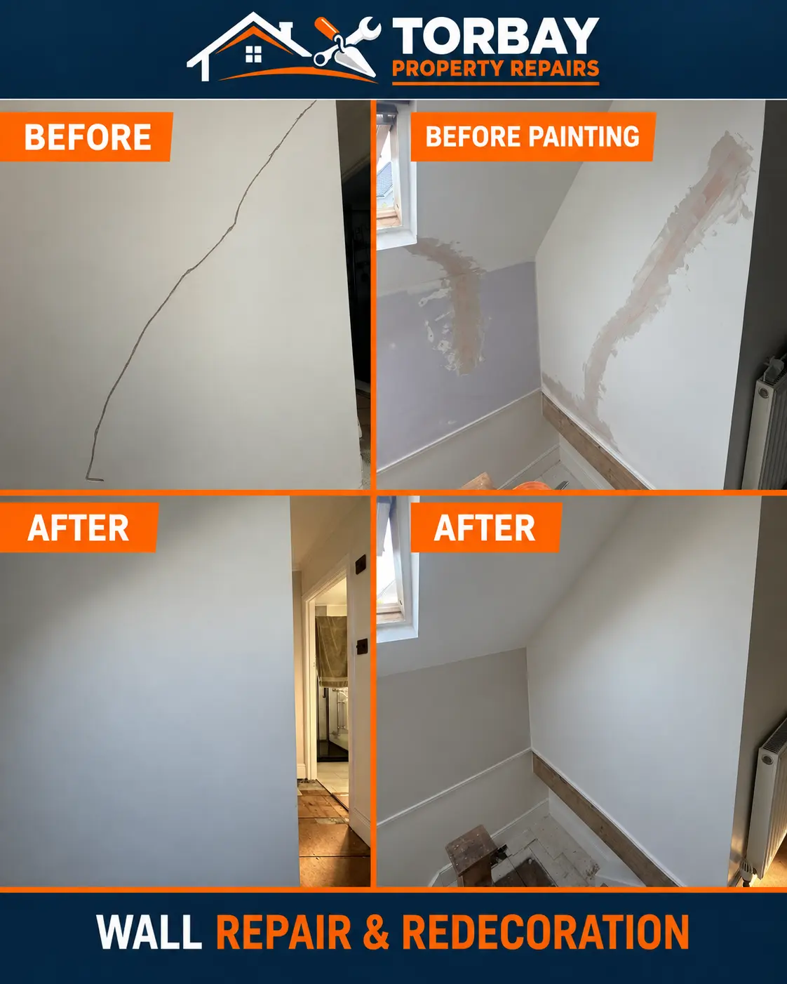 Cracked wall and stairwell plaster preparation above, with the finished painted walls below.