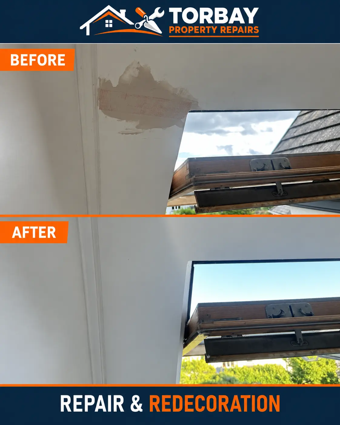 Roof-window plaster surround during preparation and after redecoration.
